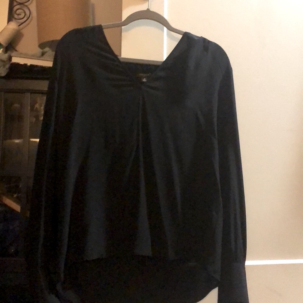 -Ann Taylor Black Silk Long Sleeve V - Neck Blouse
